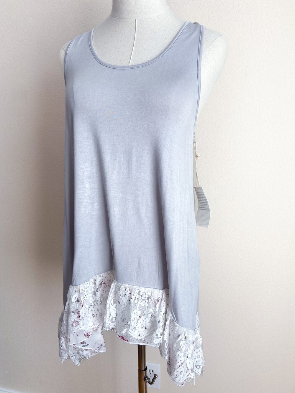 NEW Women's Gray Lace Trim Sleeveless Tank Top Large Lace Tunic Swim Coverup